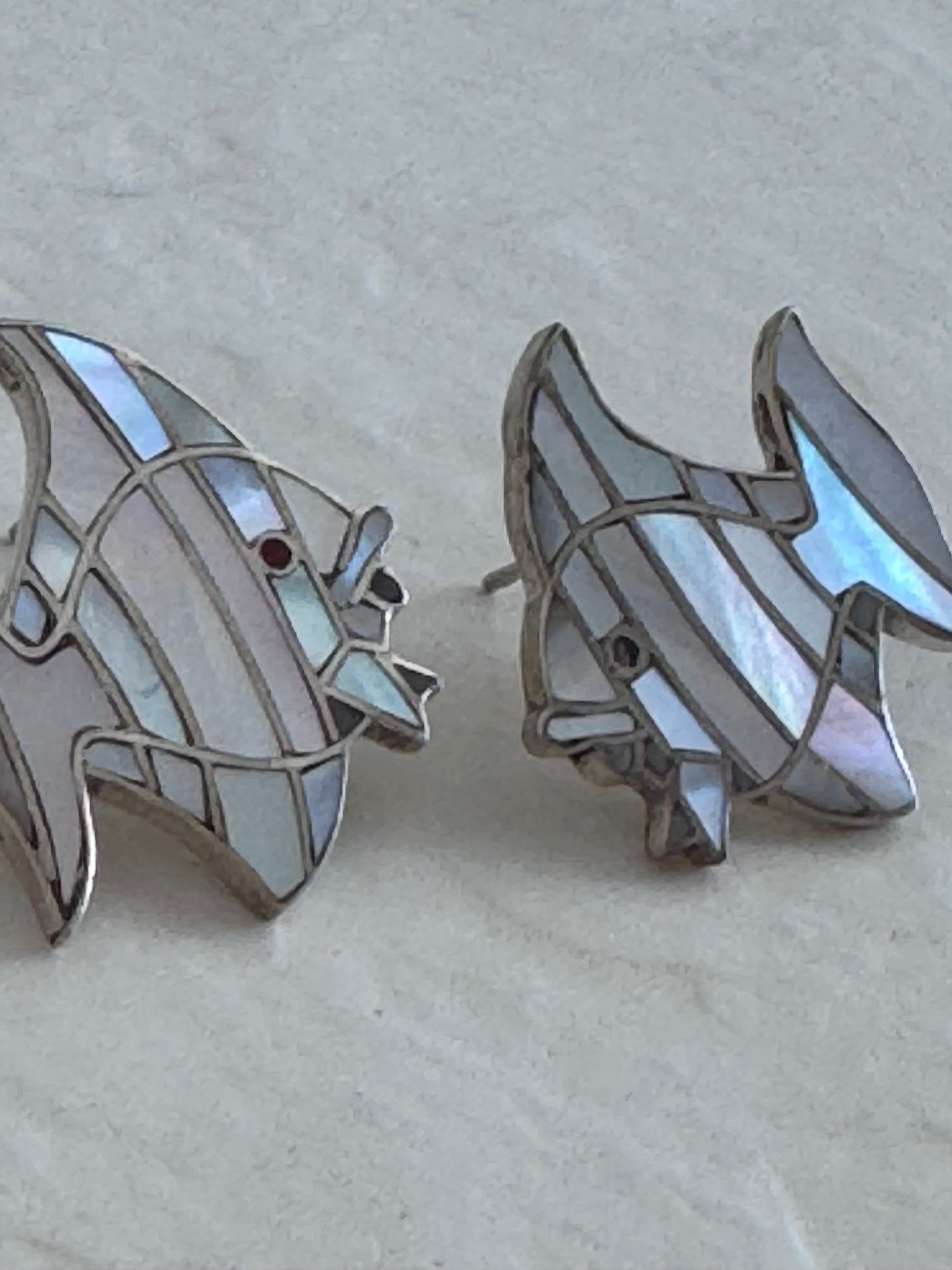 Vintage sterling silver angelfish brooches with mother of pearl mosaic inlay and red accent eyes