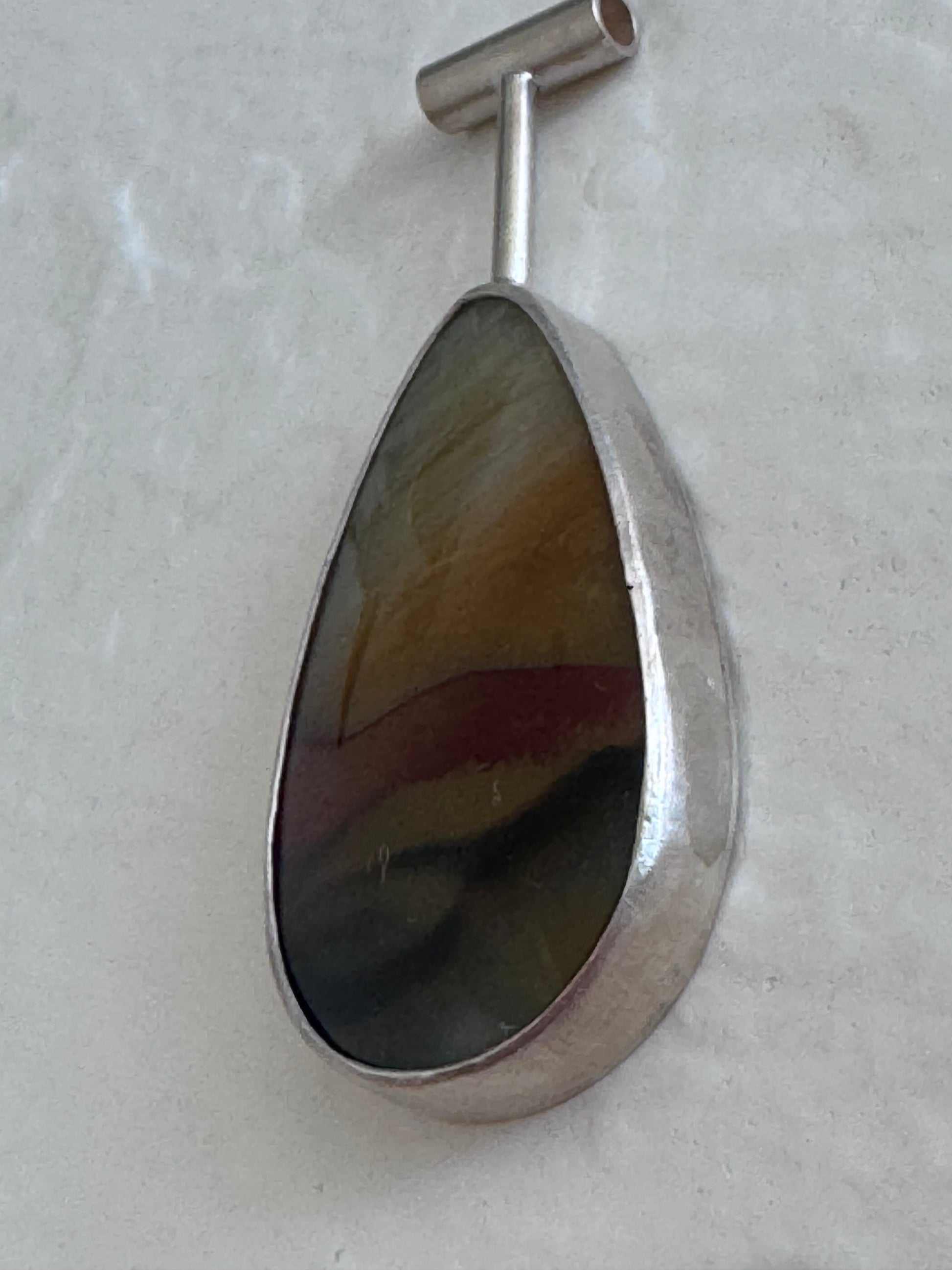 Estate vintage sterling silver picture jasper pendant with modernist bezel setting showing natural earth-tone banding, 17g weight