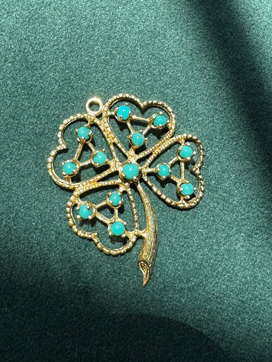 Vintage 14K Gold Turquoise Four Leaf Clover Pendant Lucky Charm Estate Jewelry Curled Stem Detail