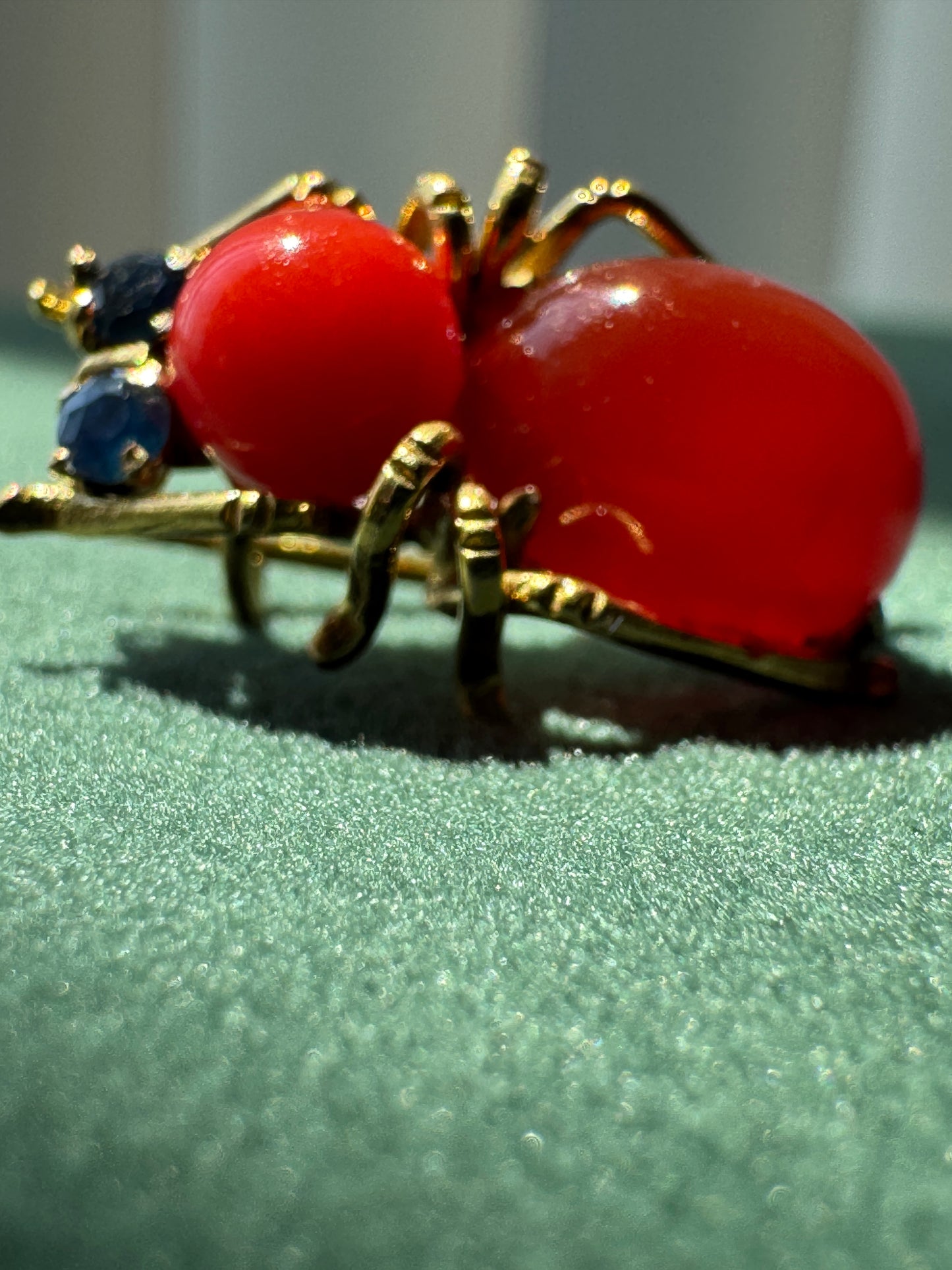 A close-up of a gold-toned beetle-shaped brooch with two large red cabochon stones for wings and small dark blue stones on the sides, resting on a textured green surface.