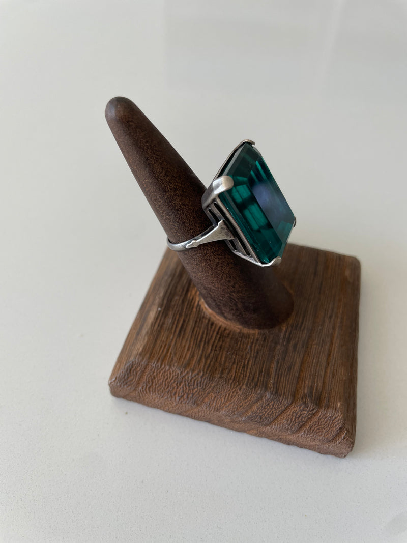 Vintage Green Glass and Sterling Cocktail Ring