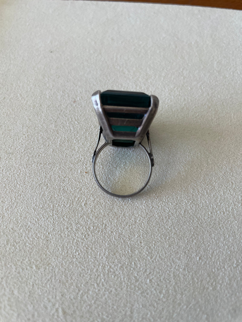 Vintage Green Glass and Sterling Cocktail Ring