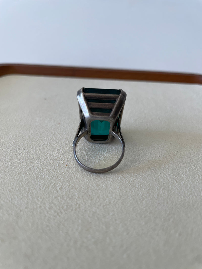 Vintage Green Glass and Sterling Cocktail Ring