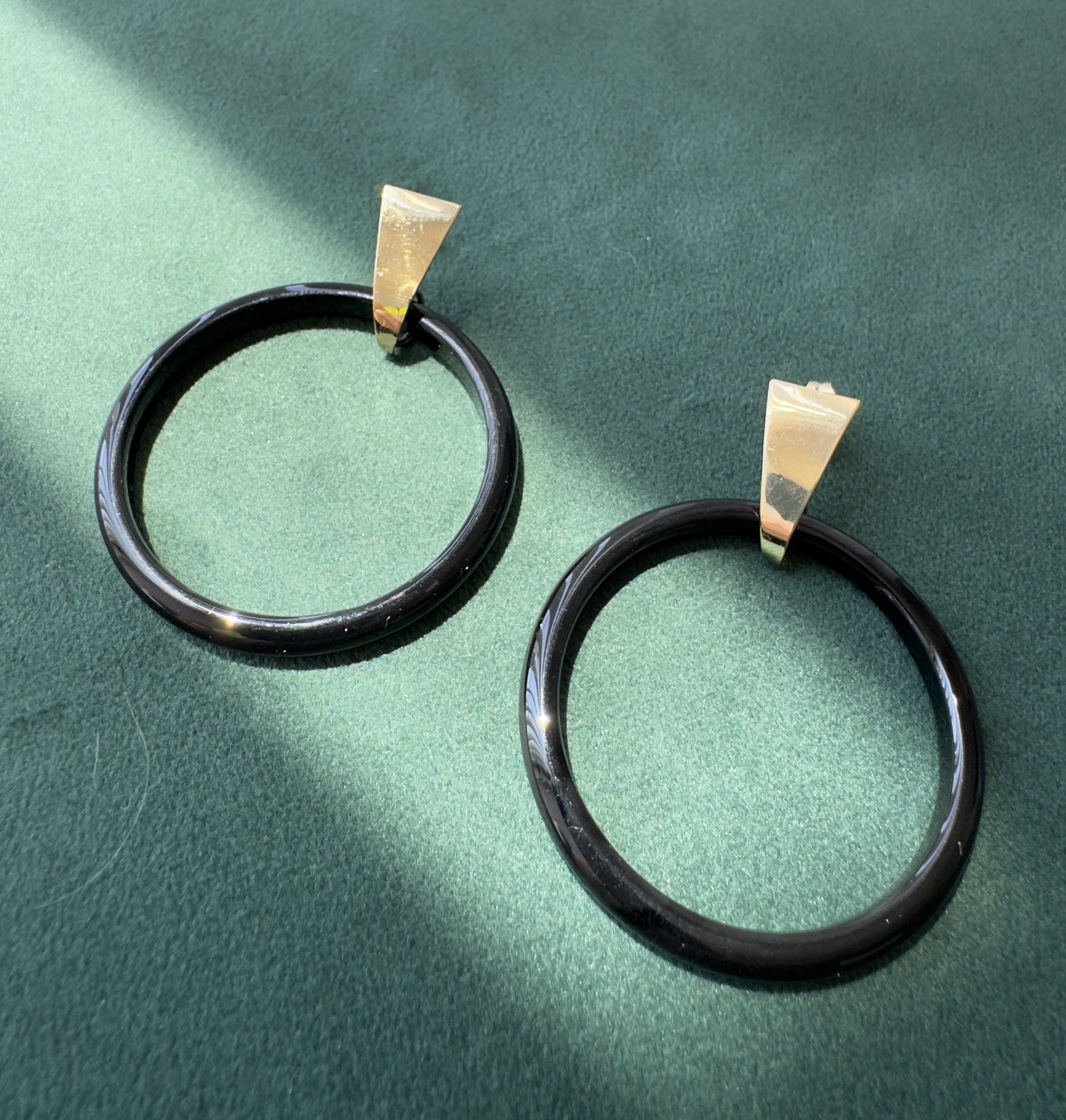 Vintage Peter Brams Designs 14K Gold Black Onyx Hoop Drop Earrings PBD Estate Jewelry