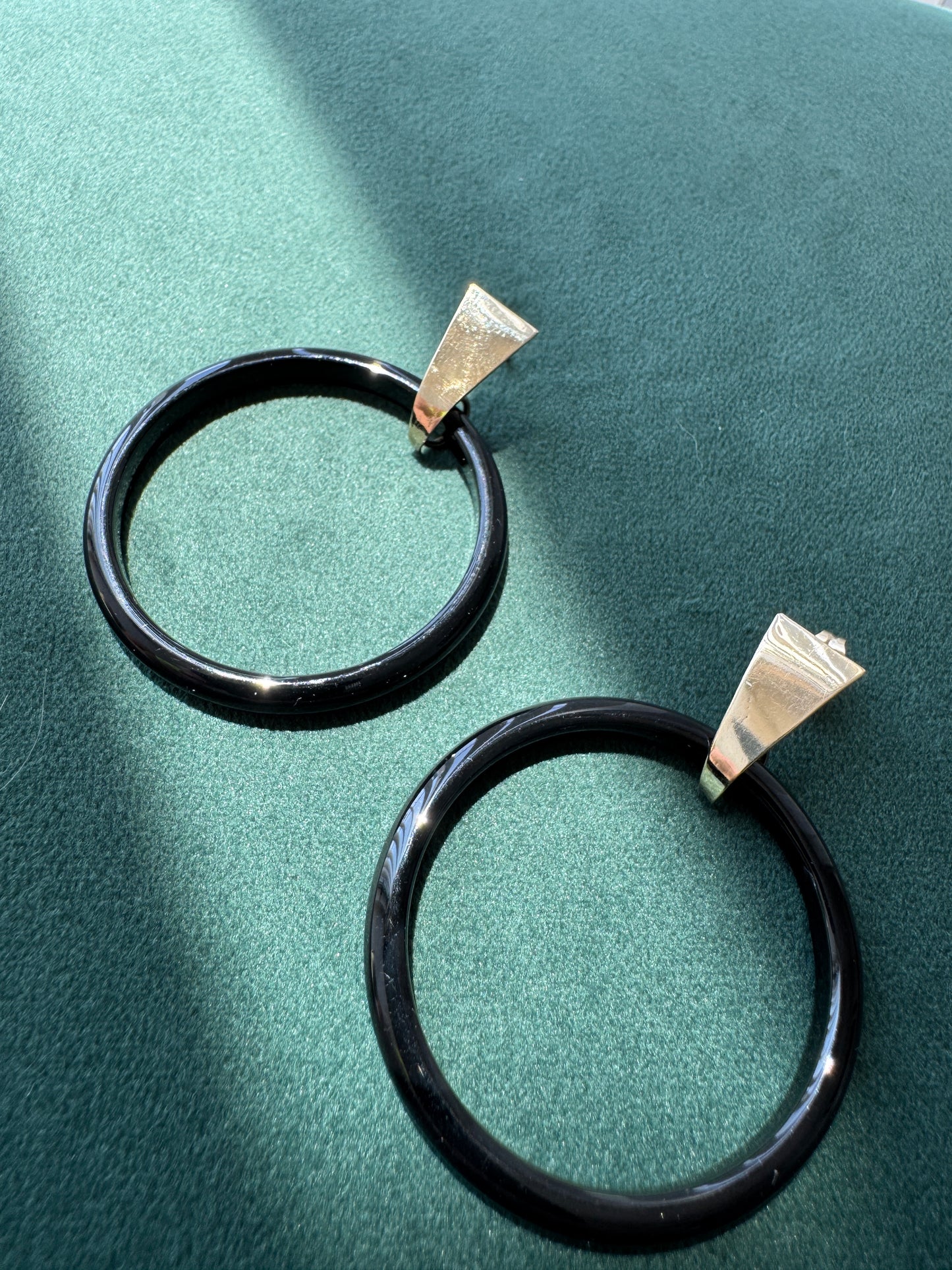 Vintage Peter Brams Designs 14K Gold Black Onyx Hoop Drop Earrings PBD Estate Jewelry
