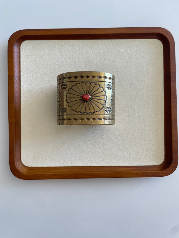 Wide Brass Cuff with Coral Native American