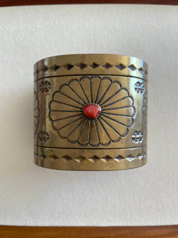 Wide Brass Cuff with Coral Native American