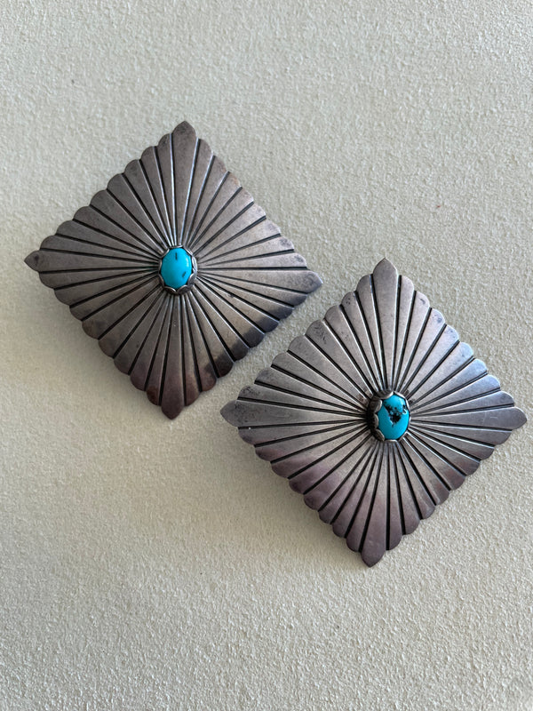 Large Square Navajo Sterling Turquoise Stud Earrings