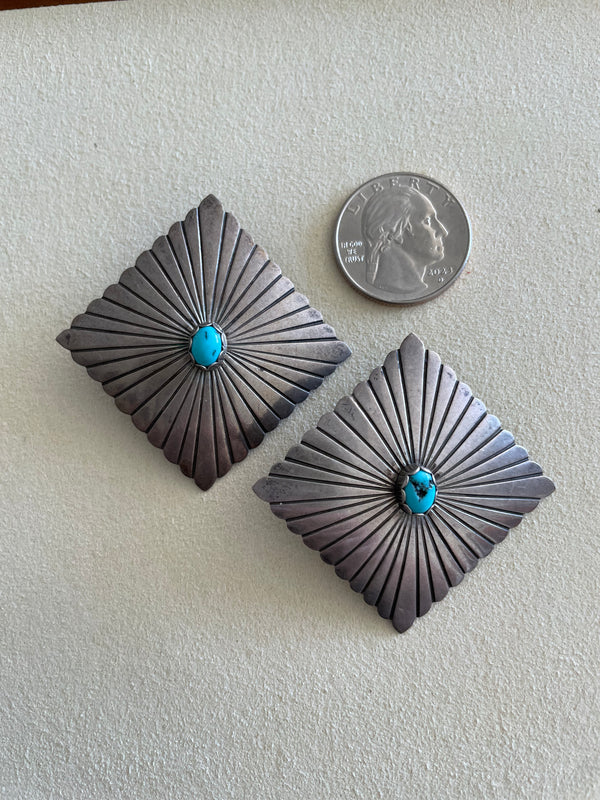 Large Square Navajo Sterling Turquoise Stud Earrings