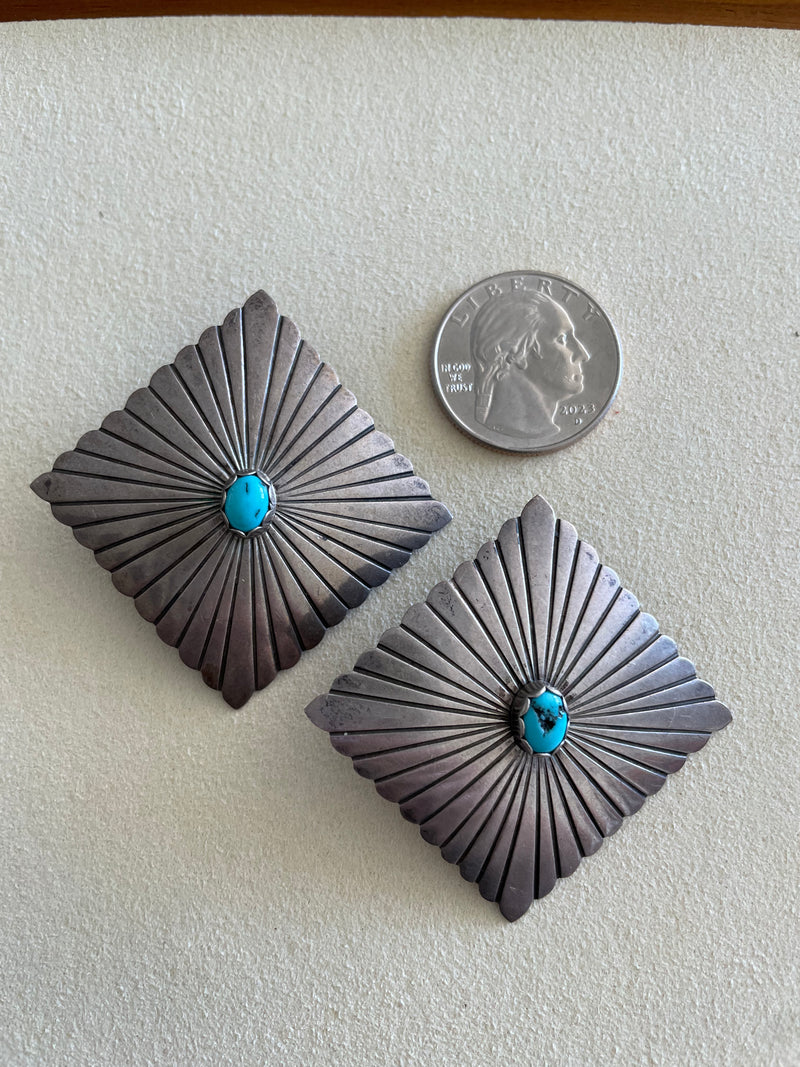 Large Square Navajo Sterling Turquoise Stud Earrings