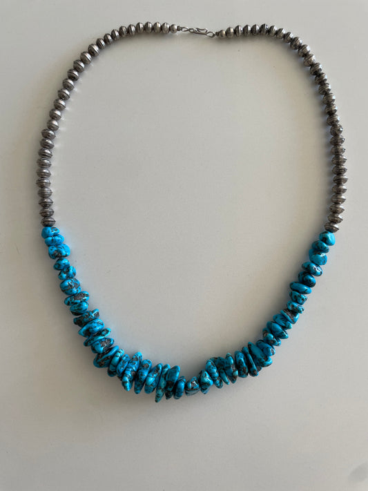 Turquoise Stone and Silver Bench Bead Necklace Navajo