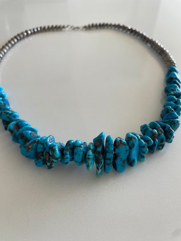 Turquoise Stone and Silver Bench Bead Necklace Navajo