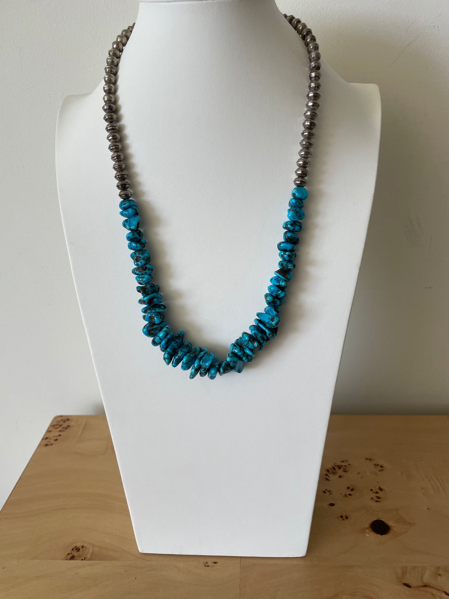 Turquoise Stone and Silver Bench Bead Necklace Navajo