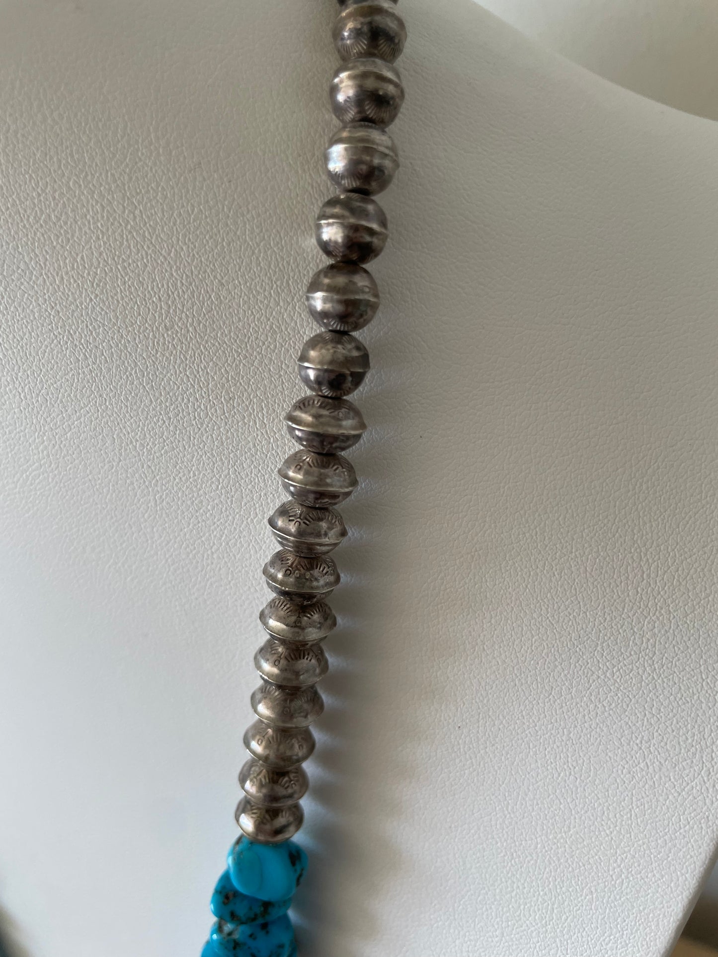 Turquoise Stone and Silver Bench Bead Necklace Navajo
