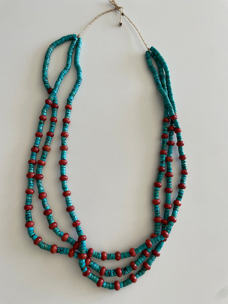 Turquoise and Coral Beaded Heshi Necklace Large