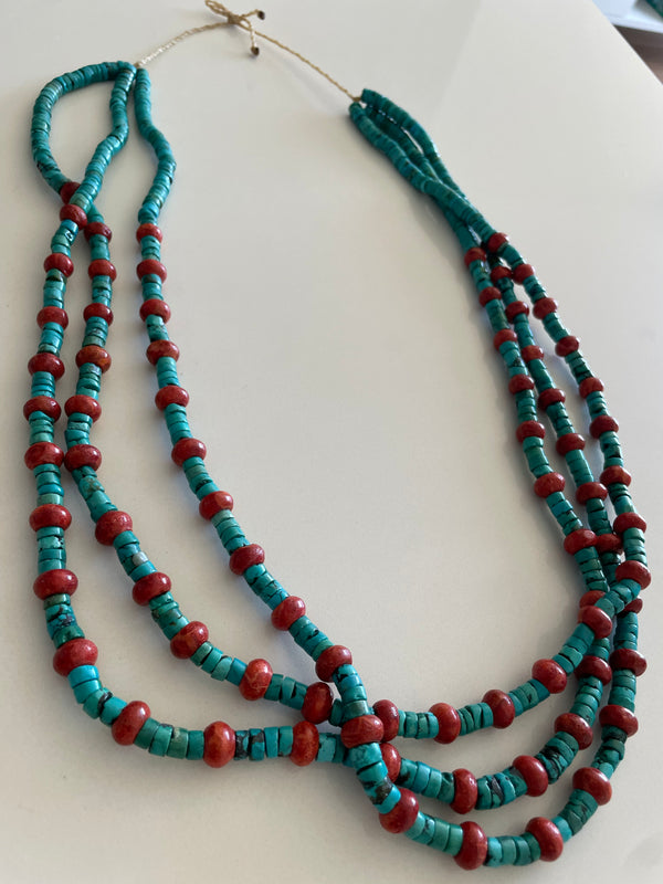 Turquoise and Coral Beaded Heshi Necklace Large