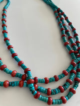 Turquoise and Coral Beaded Heshi Necklace Large