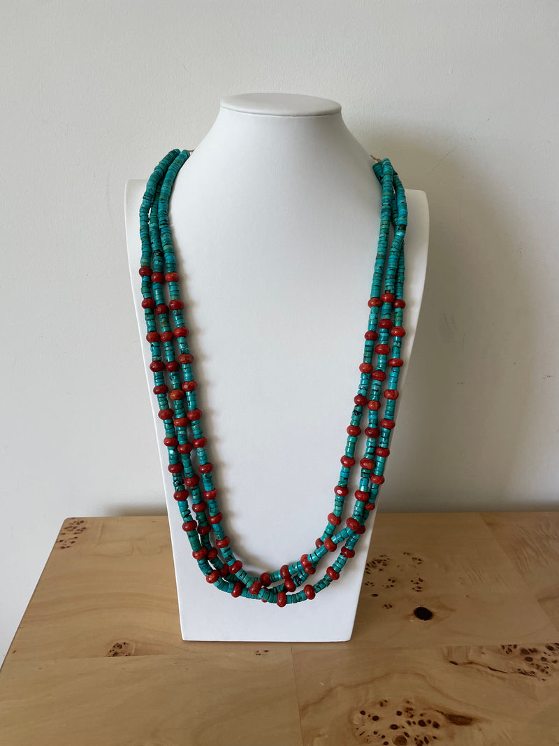 Turquoise and Coral Beaded Heshi Necklace Large