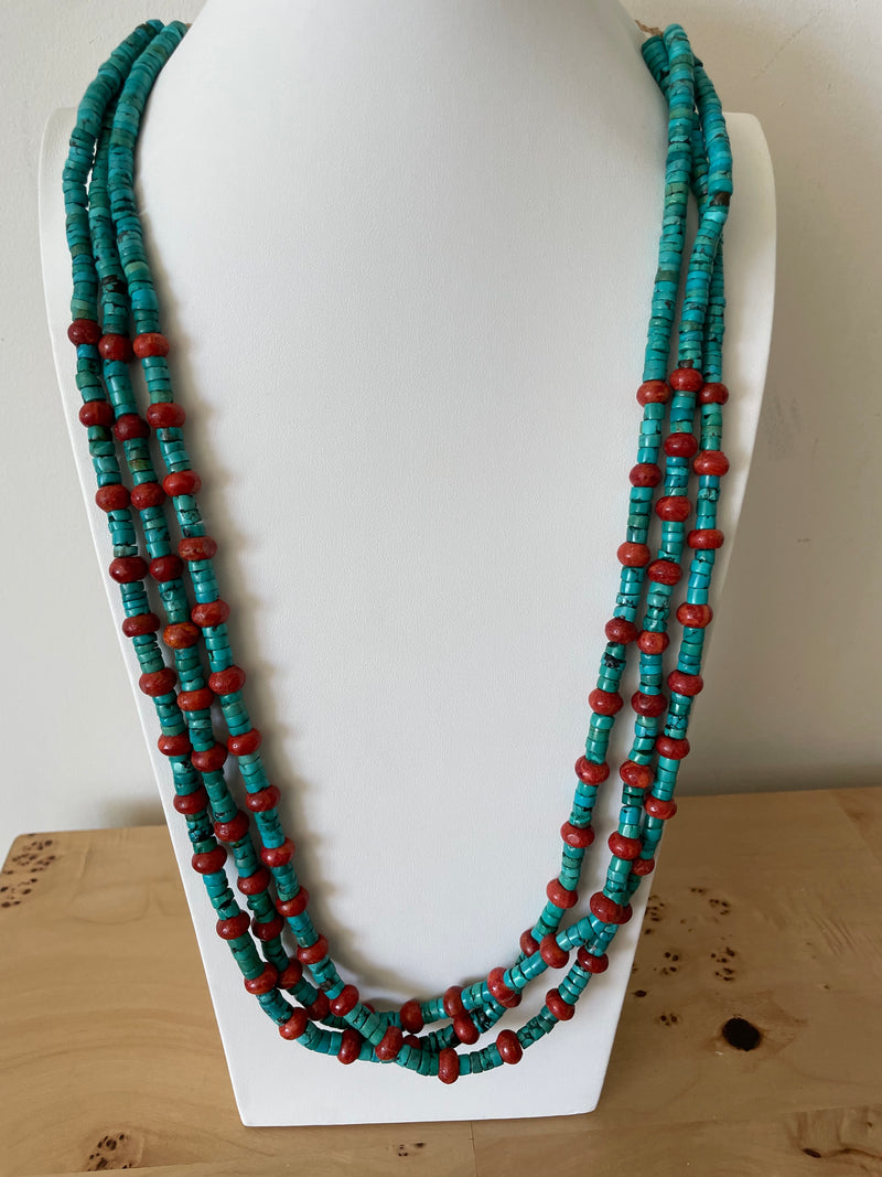 Turquoise and Coral Beaded Heshi Necklace Large