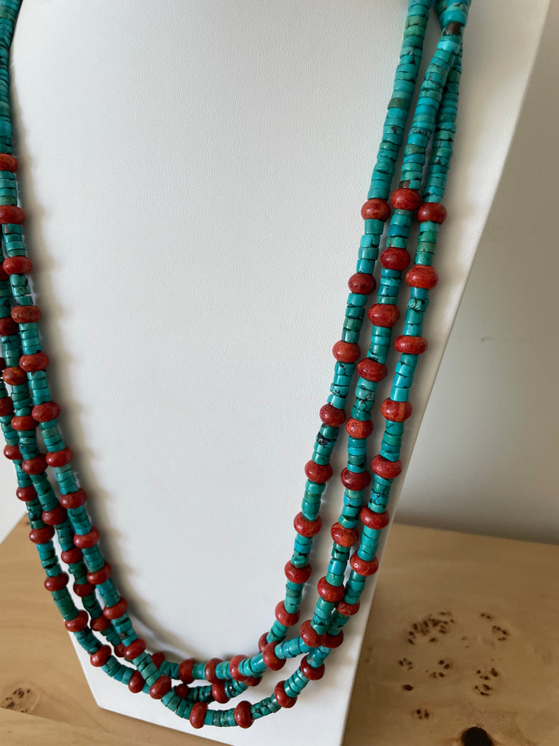 Turquoise and Coral Beaded Heshi Necklace Large