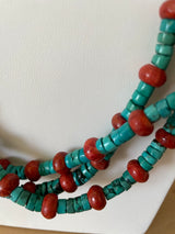 Turquoise and Coral Beaded Heshi Necklace Large