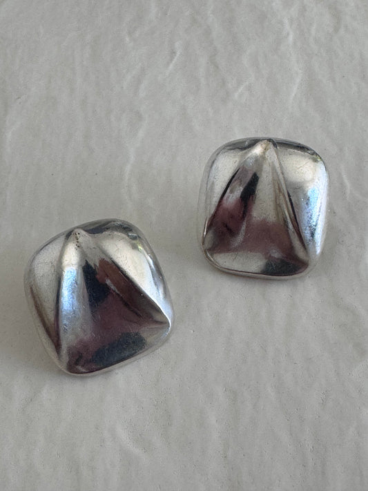 Estate vintage 1980s sterling silver puffy abstract geometric post earrings sculptural post-modern design