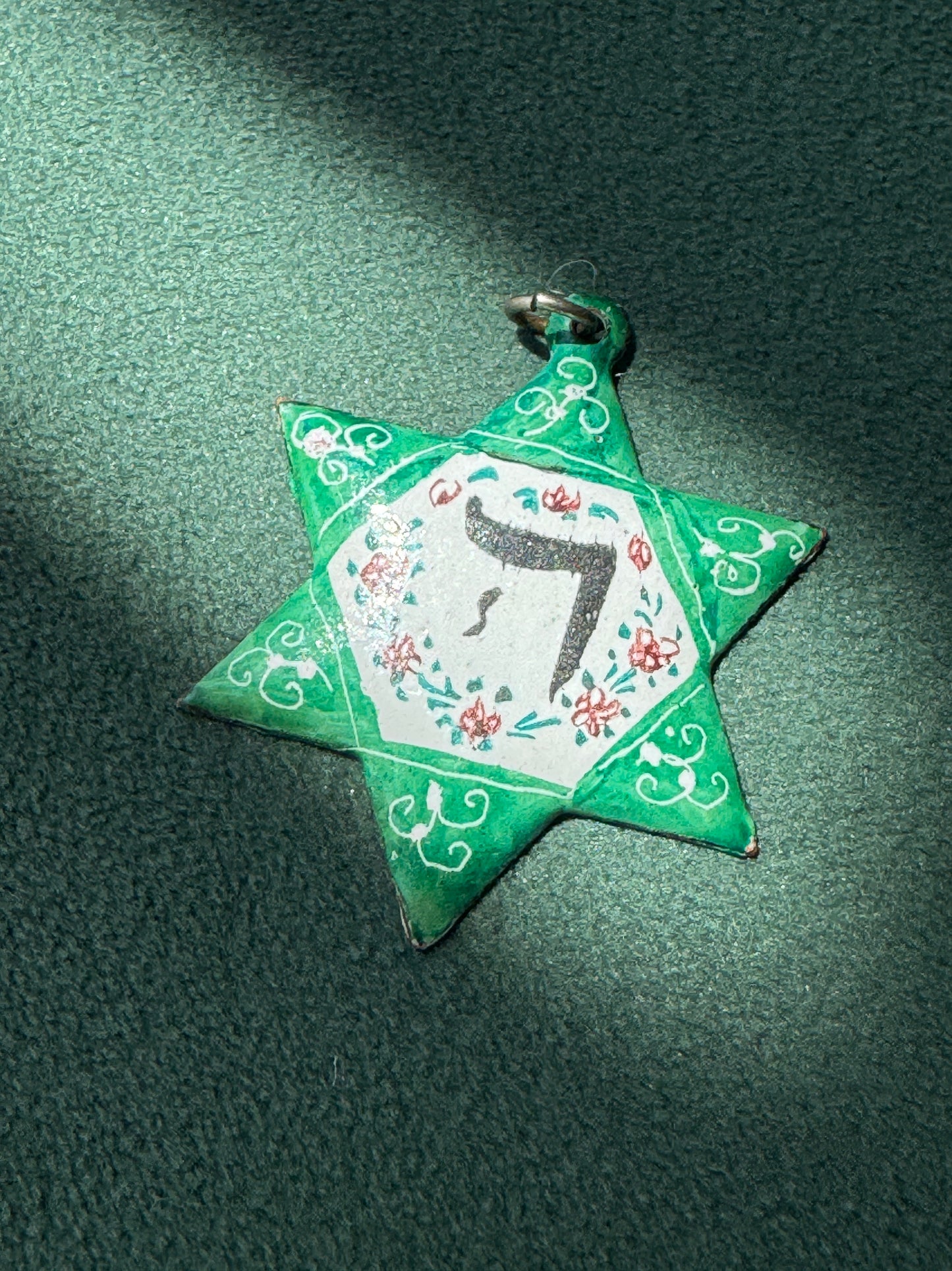 Vintage Copper Hand Painted Enamel Star of David Pendant Chai Judaica Estate Jewelry