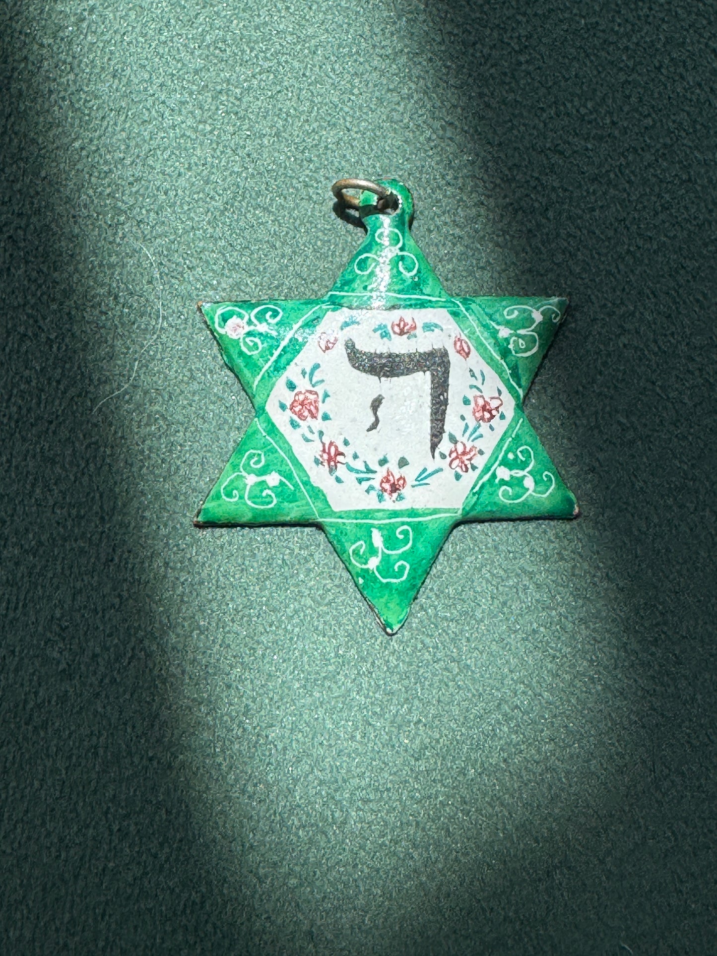 Vintage Copper Hand Painted Enamel Star of David Pendant Chai Judaica Estate Jewelry