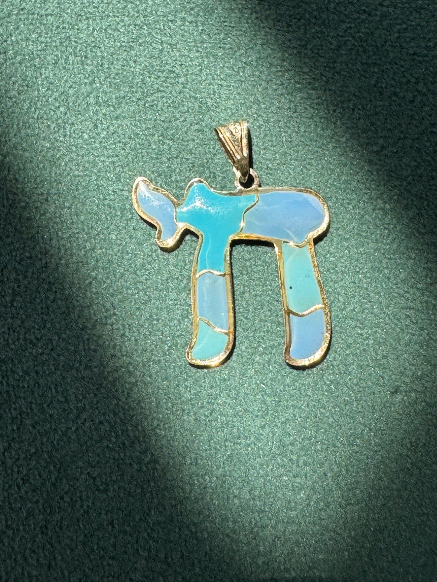 Vintage 14K Gold Puffy Enamel Chai Pendant Blue Judaica Estate Jewelry