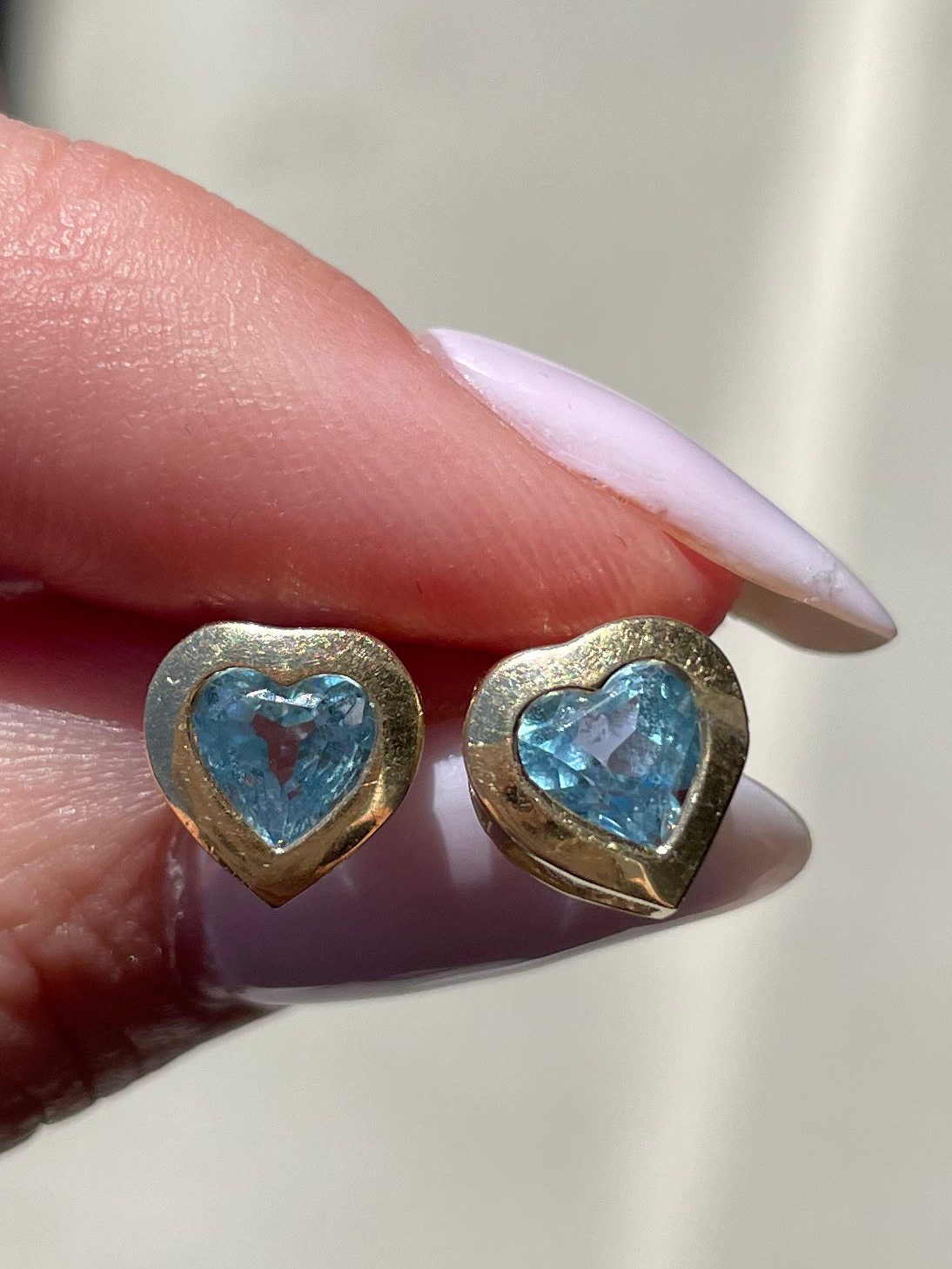 1980's Blue Topaz Gemstone and 14k Heart Stud Earrings