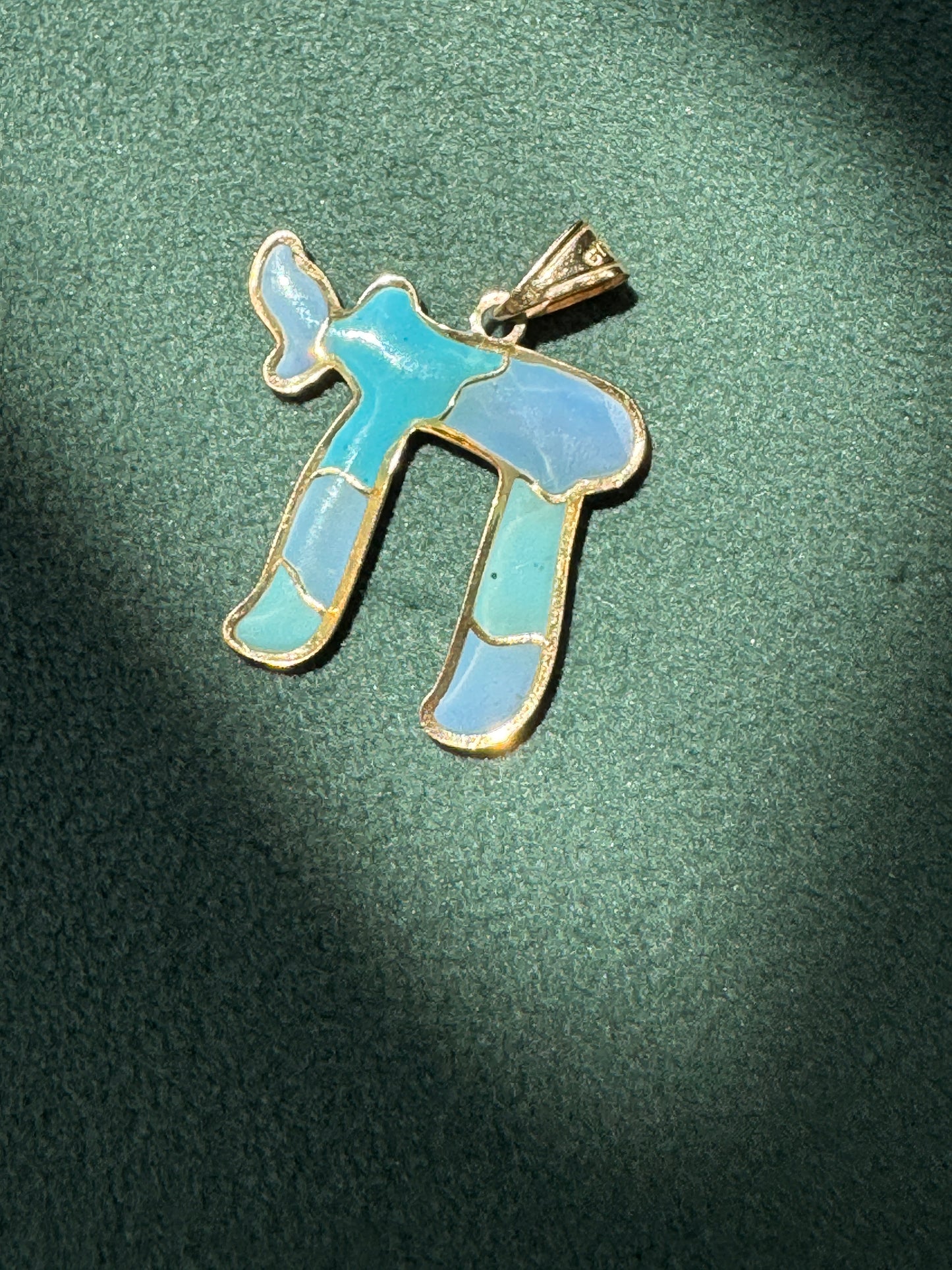 Vintage 14K Gold Puffy Enamel Chai Pendant Blue Judaica Estate Jewelry
