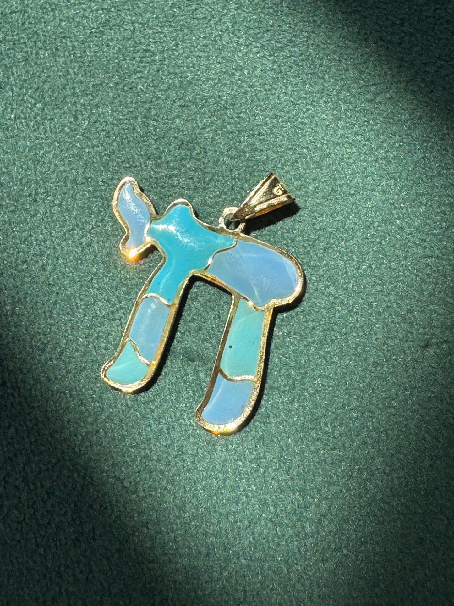 Vintage 14K Gold Puffy Enamel Chai Pendant Blue Judaica Estate Jewelry