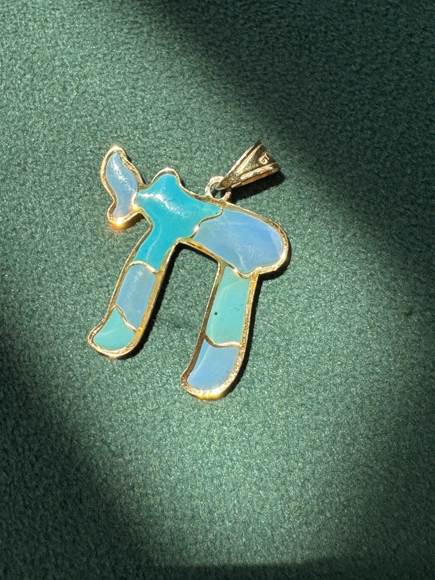 Vintage 14K Gold Puffy Enamel Chai Pendant Blue Judaica Estate Jewelry