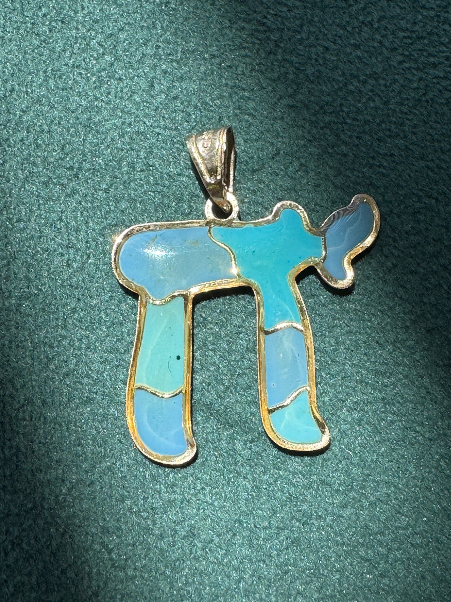 Vintage 14K Gold Puffy Enamel Chai Pendant Blue Judaica Estate Jewelry