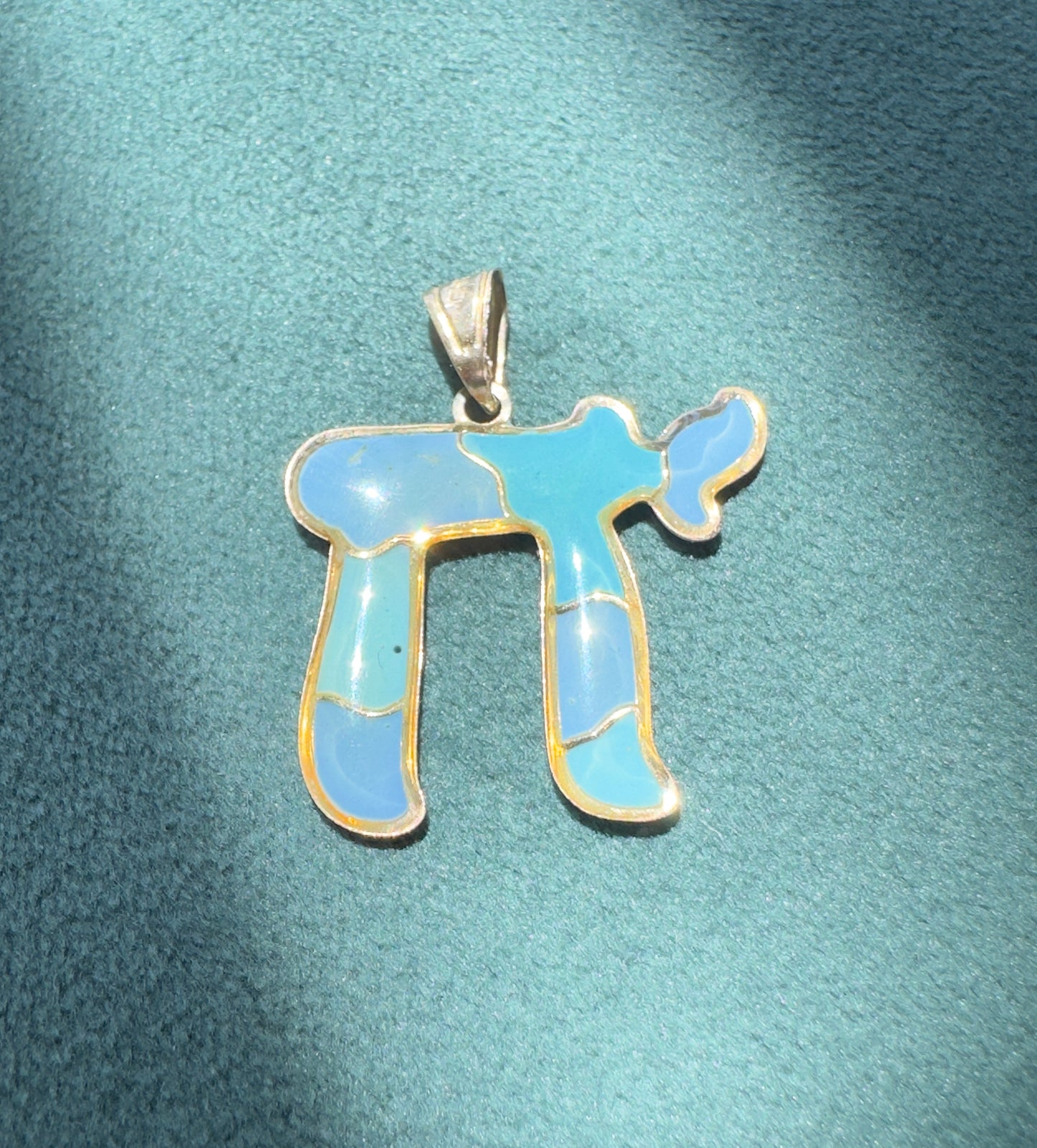 Vintage 14K Gold Puffy Enamel Chai Pendant Blue Judaica Estate Jewelry