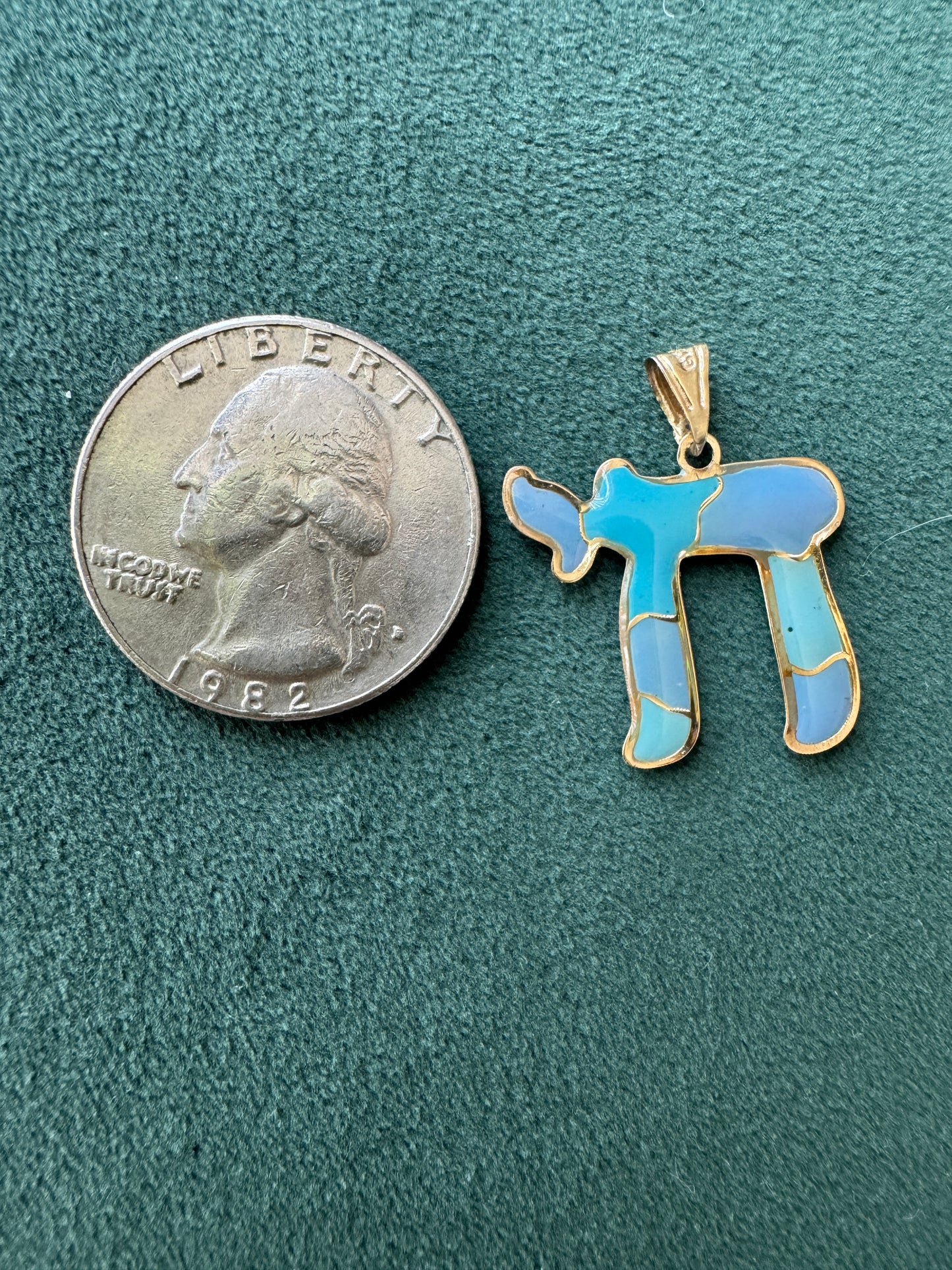 Vintage 14K Gold Puffy Enamel Chai Pendant Blue Judaica Estate Jewelry