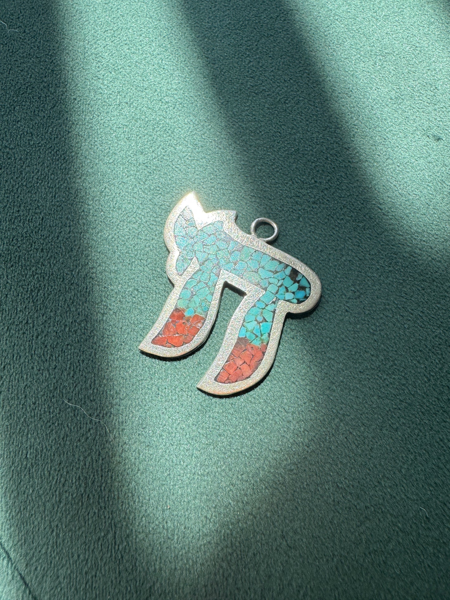 Vintage Sterling Silver Chai Pendant With Turquoise and Red Stone Mosaic Inlay Life in Every Little Piece