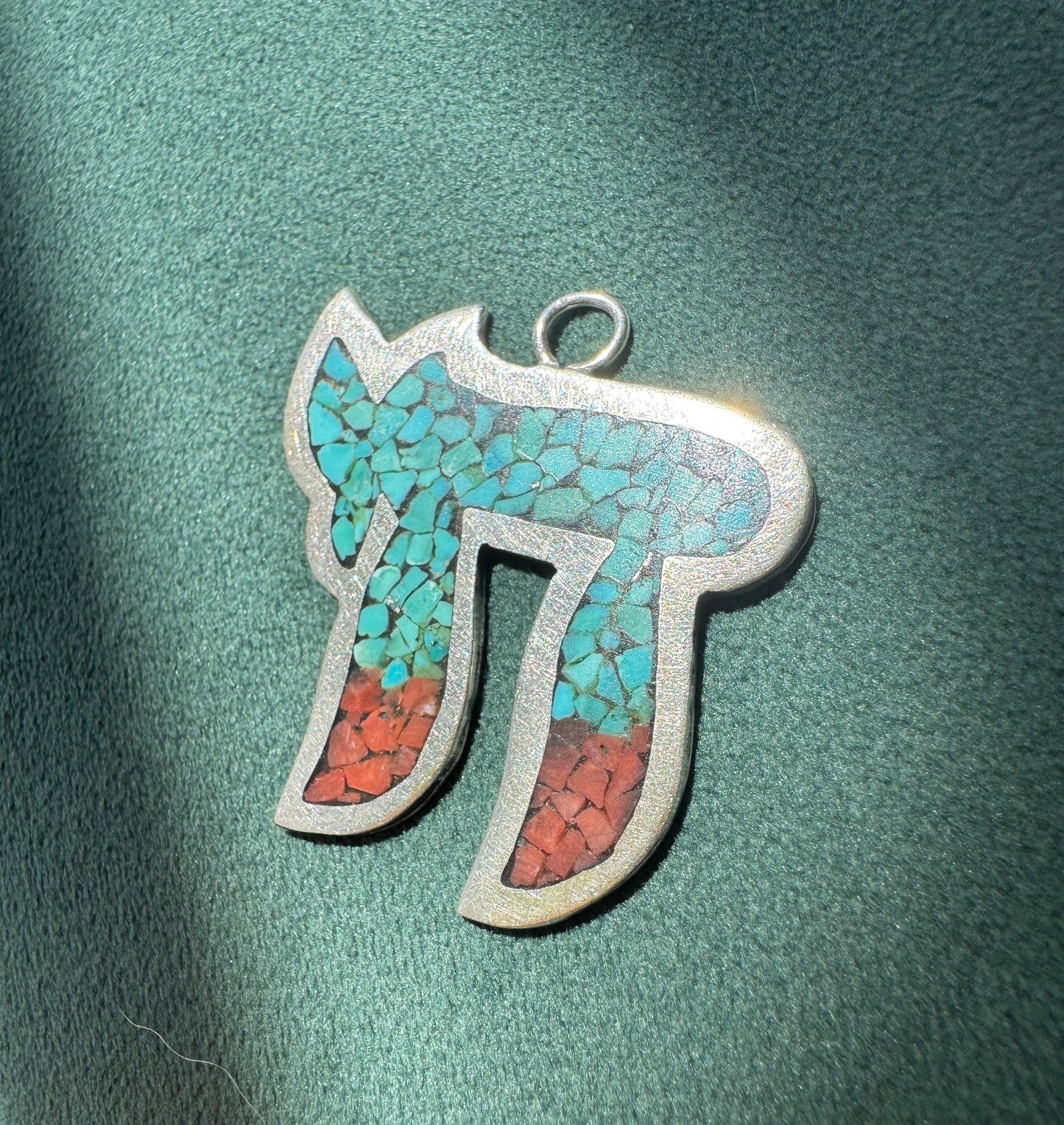 Vintage Sterling Silver Chai Pendant With Turquoise and Red Stone Mosaic Inlay Life in Every Little Piece