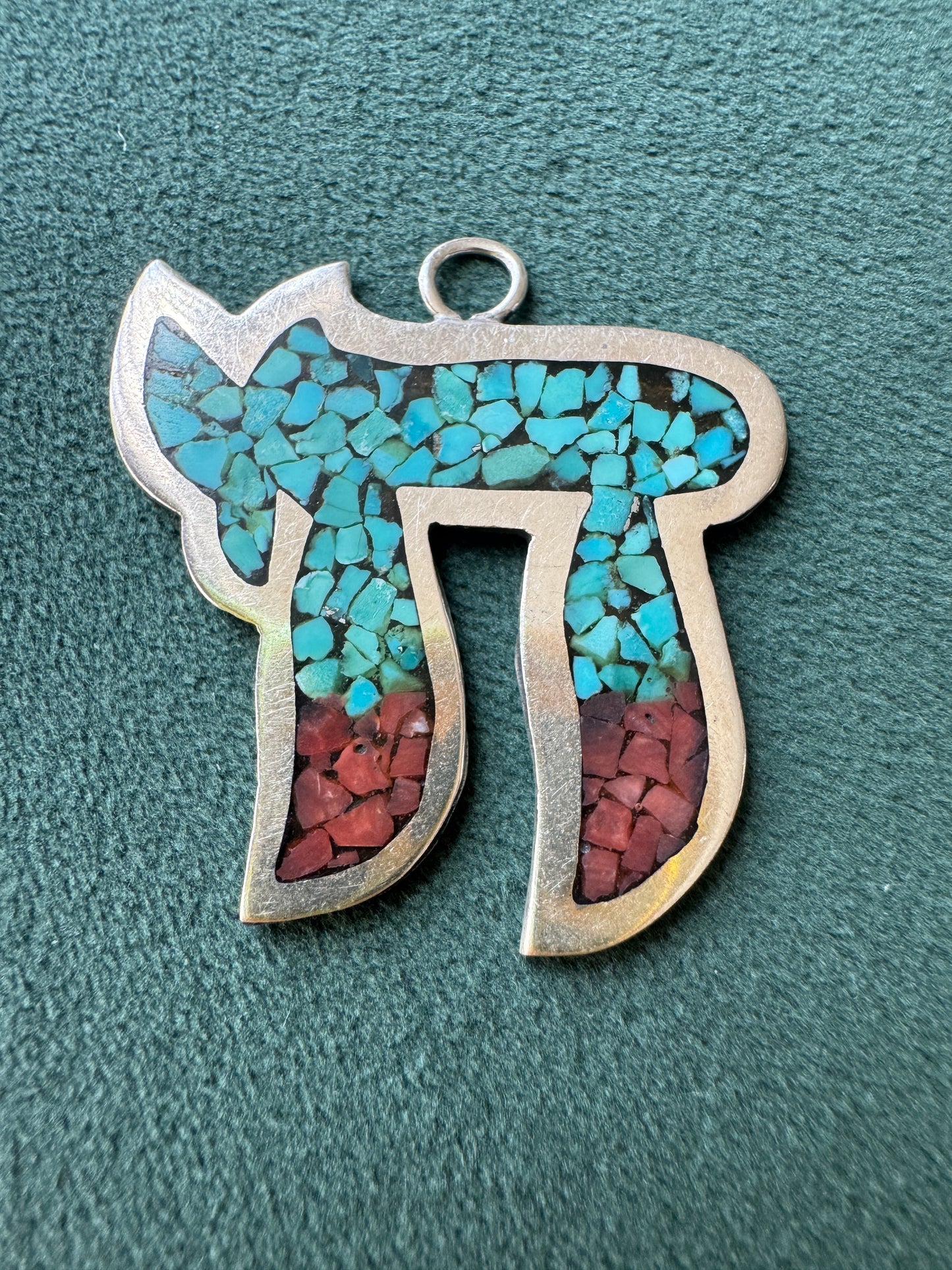 Vintage Sterling Silver Chai Pendant With Turquoise and Red Stone Mosaic Inlay Life in Every Little Piece