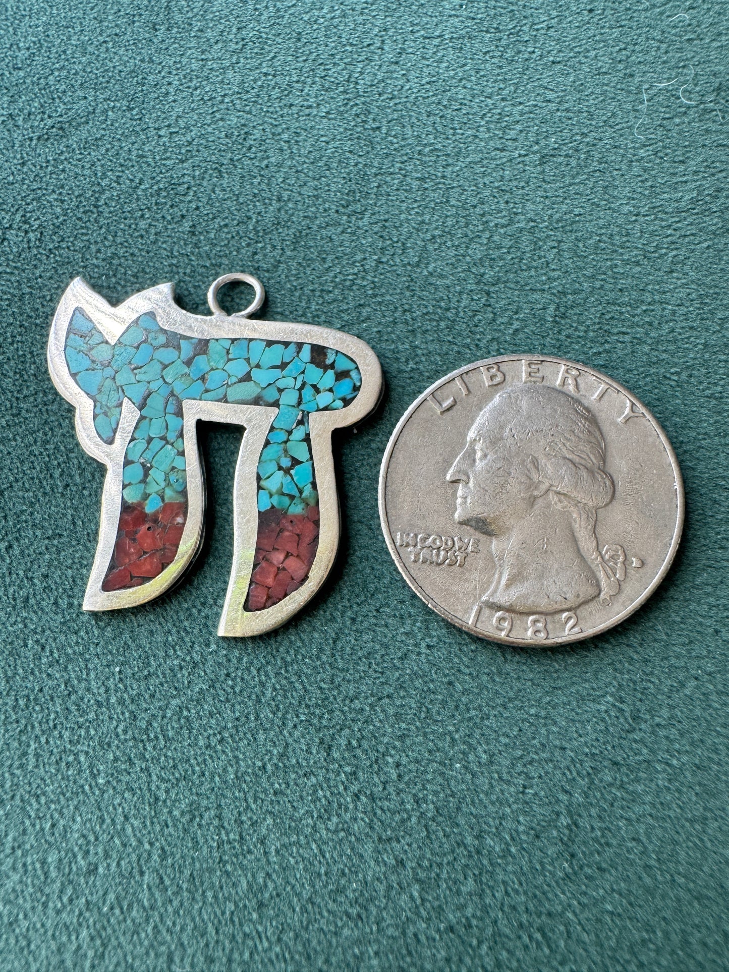 Vintage Sterling Silver Chai Pendant With Turquoise and Red Stone Mosaic Inlay Life in Every Little Piece