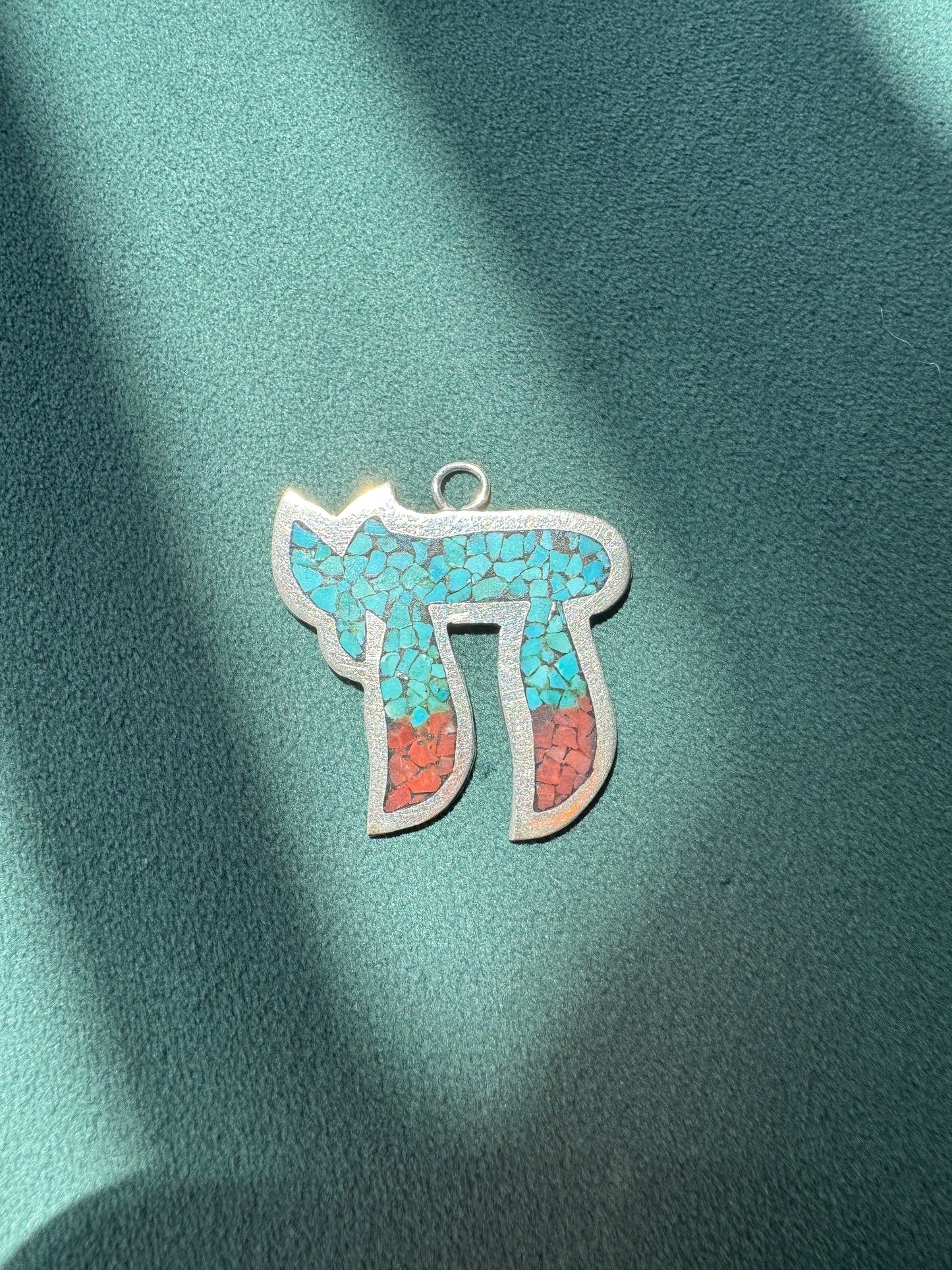 Vintage Sterling Silver Chai Pendant With Turquoise and Red Stone Mosaic Inlay Life in Every Little Piece