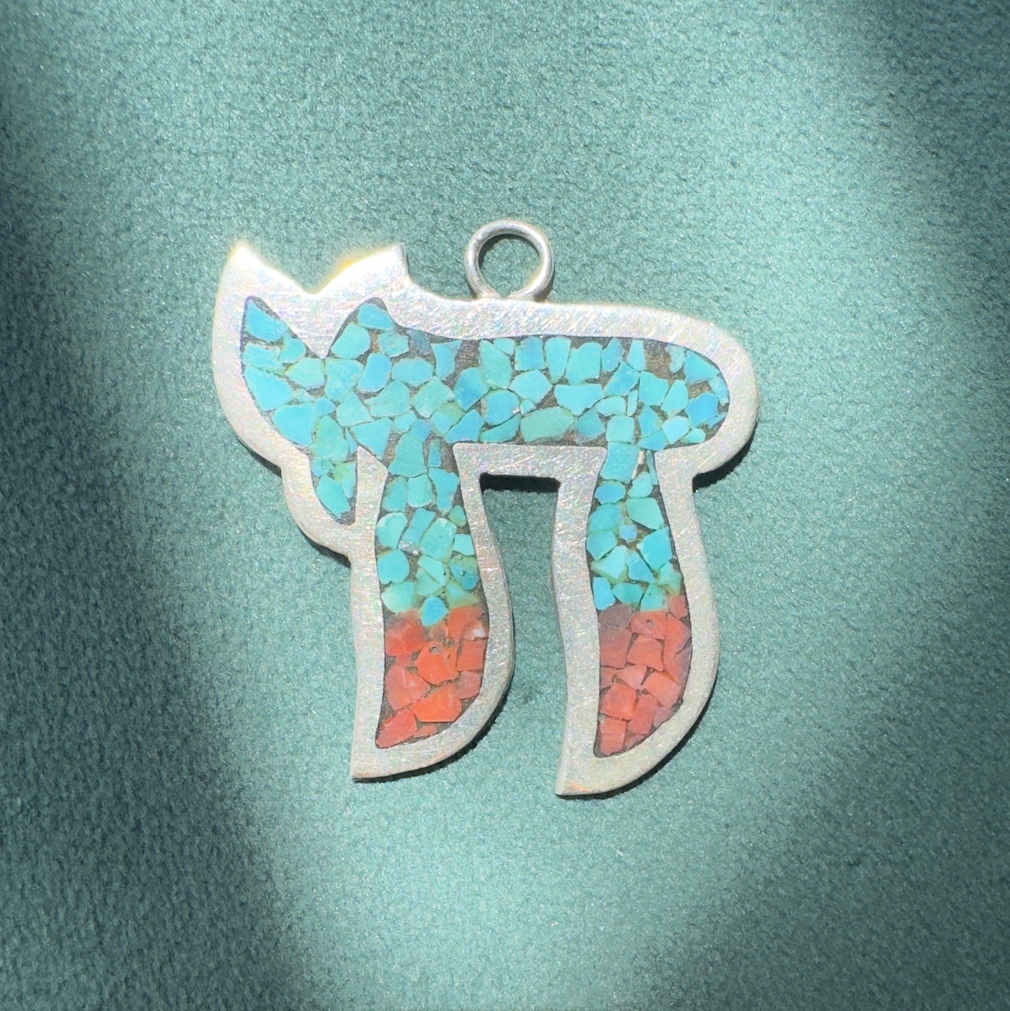 Vintage Sterling Silver Chai Pendant With Turquoise and Red Stone Mosaic Inlay Life in Every Little Piece