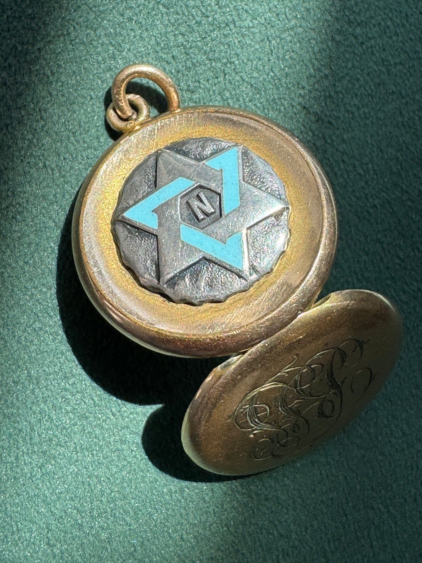 Rare Antique Early 1900s Rolled Gold Star of David Locket With Blue Enamel Fraternal Design