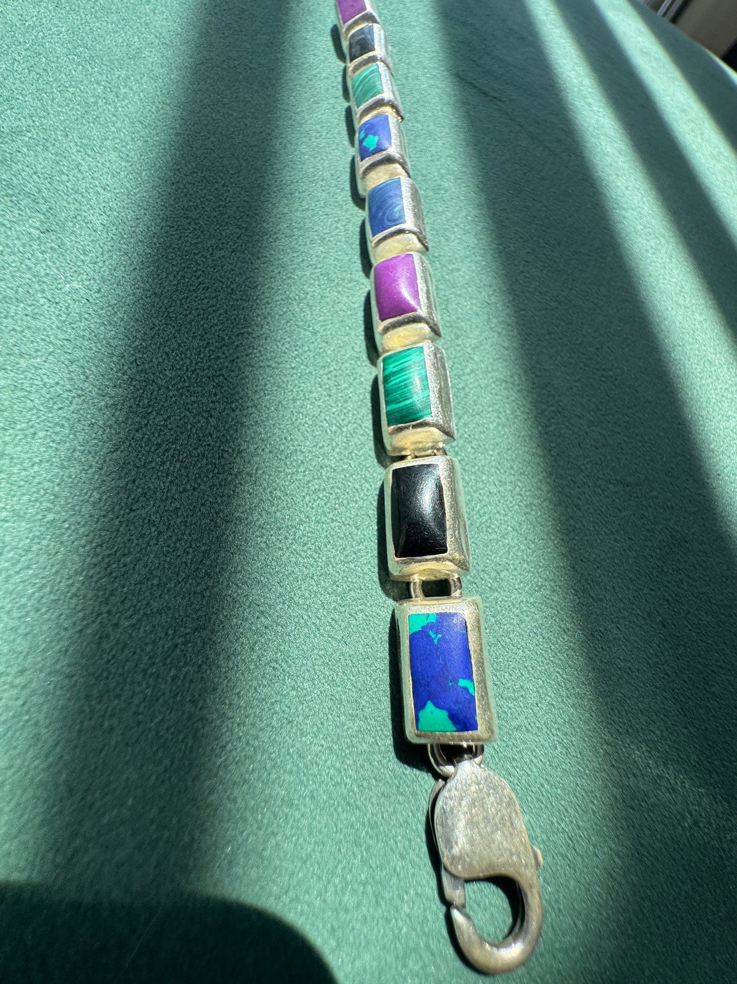 Vintage Sterling Silver Mexico Multi Stone Link Bracelet Malachite Onyx Purple Stone Panels