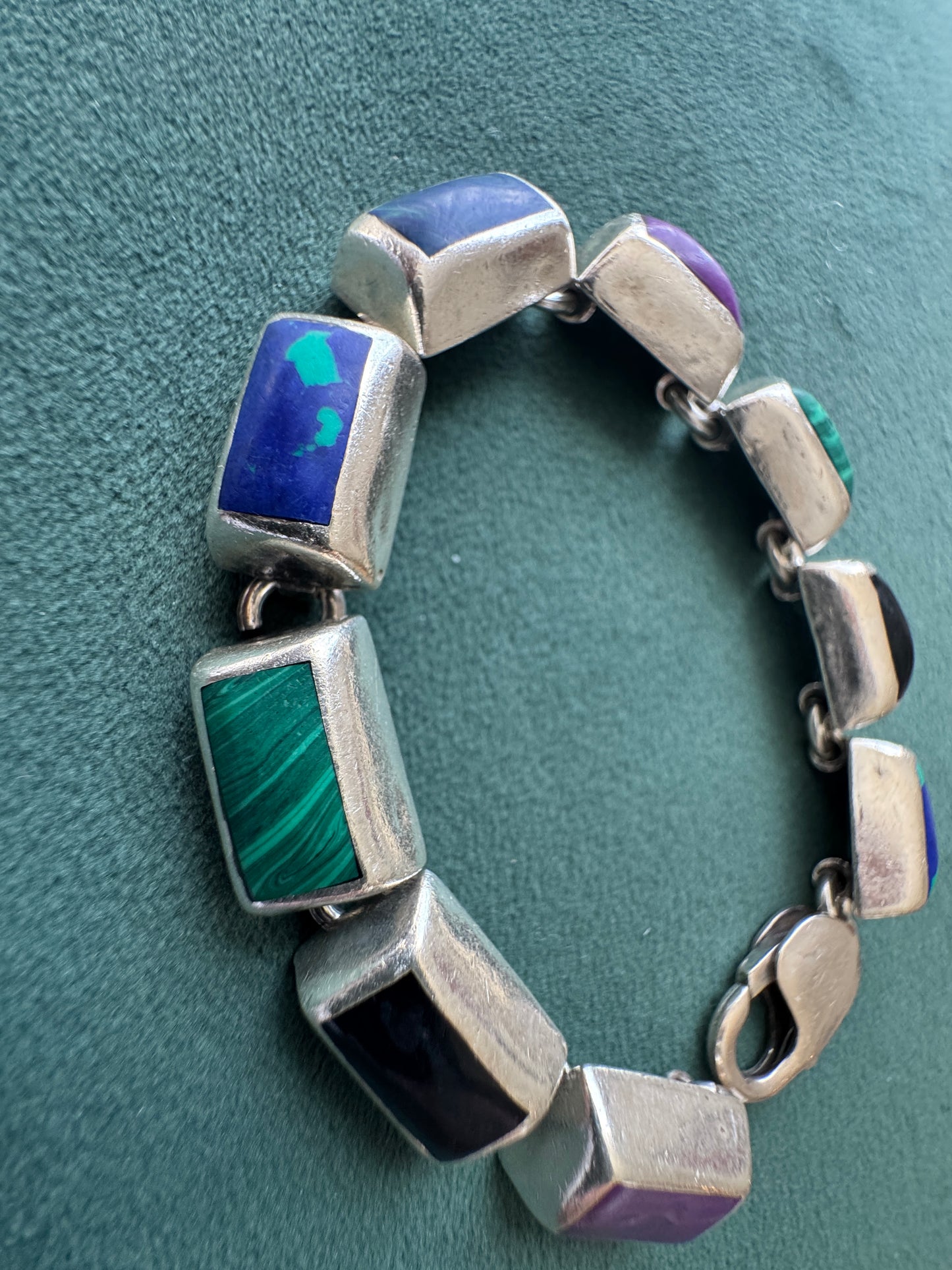 Vintage Sterling Silver Mexico Multi Stone Link Bracelet Malachite Onyx Purple Stone Panels