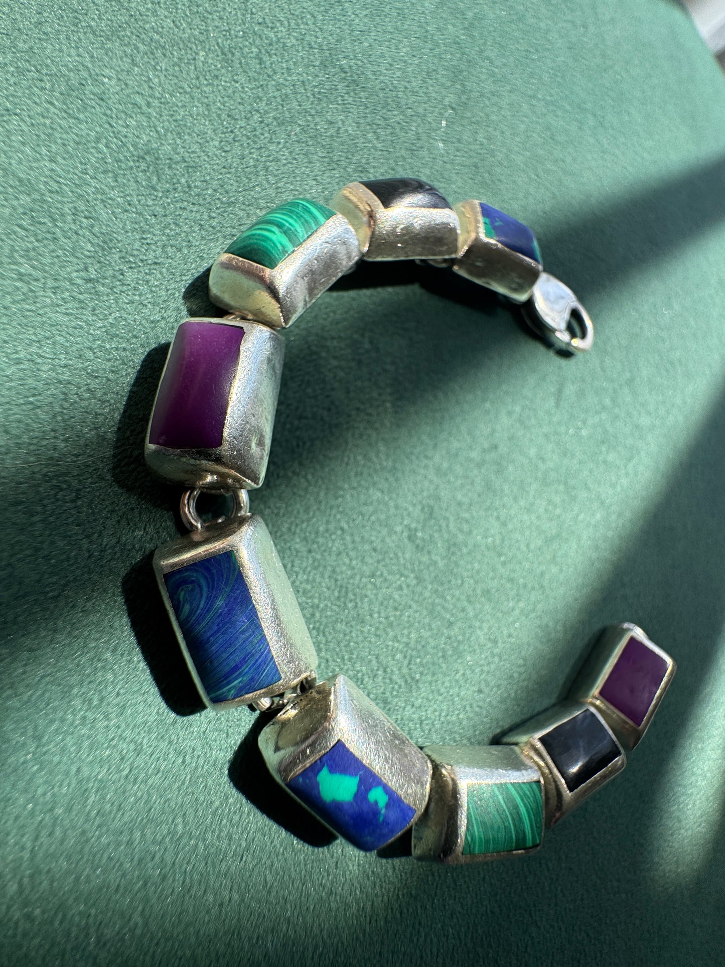 Vintage Sterling Silver Mexico Multi Stone Link Bracelet Malachite Onyx Purple Stone Panels