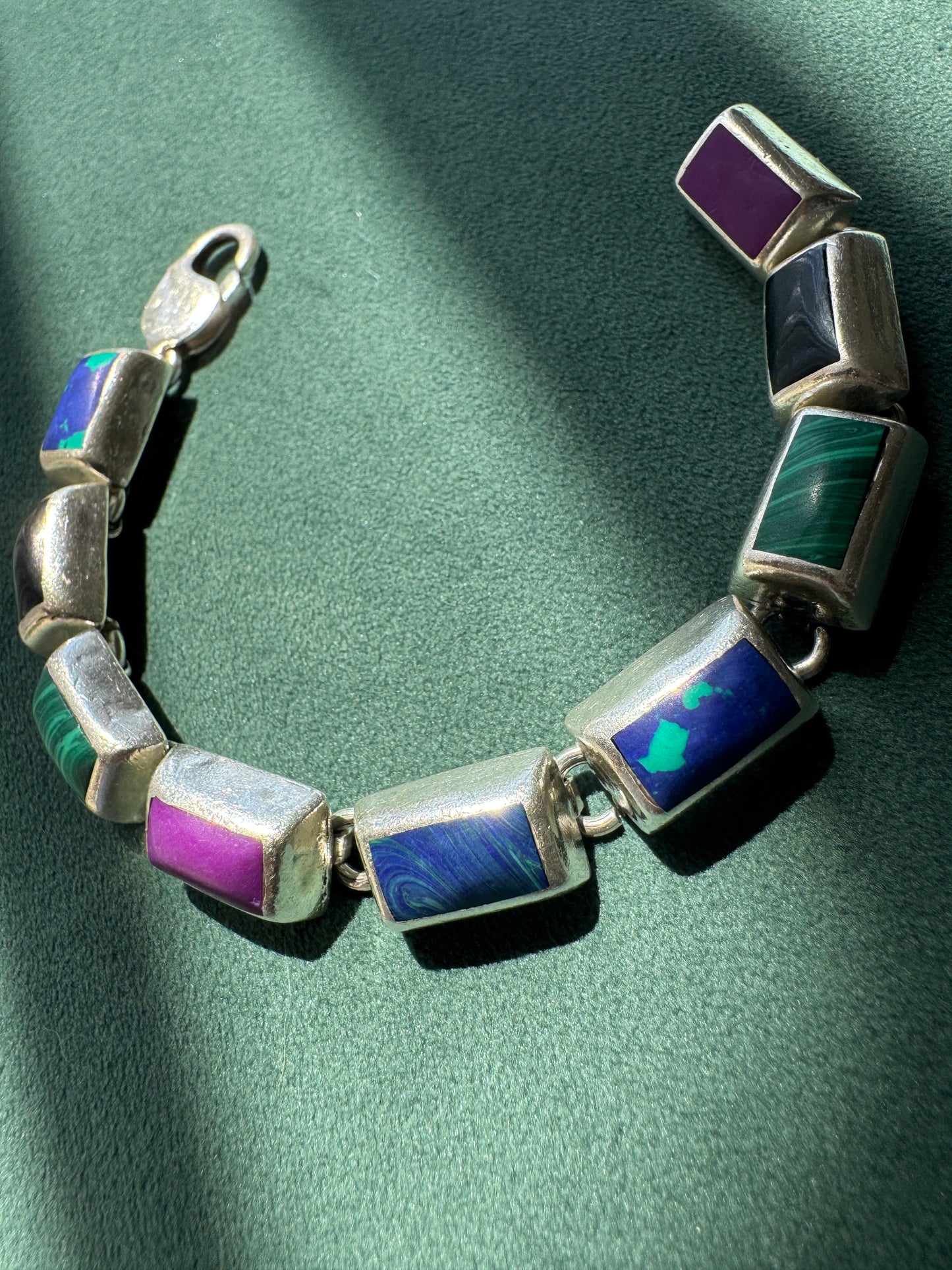 Vintage Sterling Silver Mexico Multi Stone Link Bracelet Malachite Onyx Purple Stone Panels