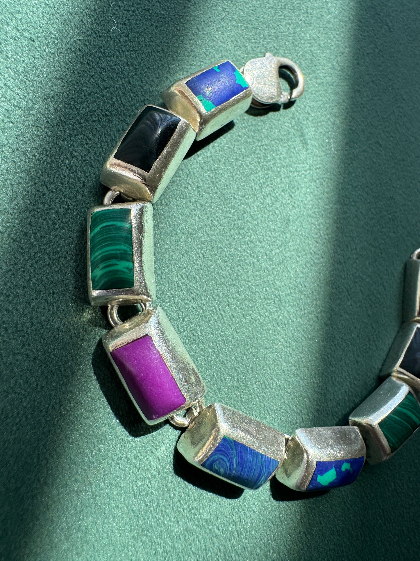 Vintage Sterling Silver Mexico Multi Stone Link Bracelet Malachite Onyx Purple Stone Panels