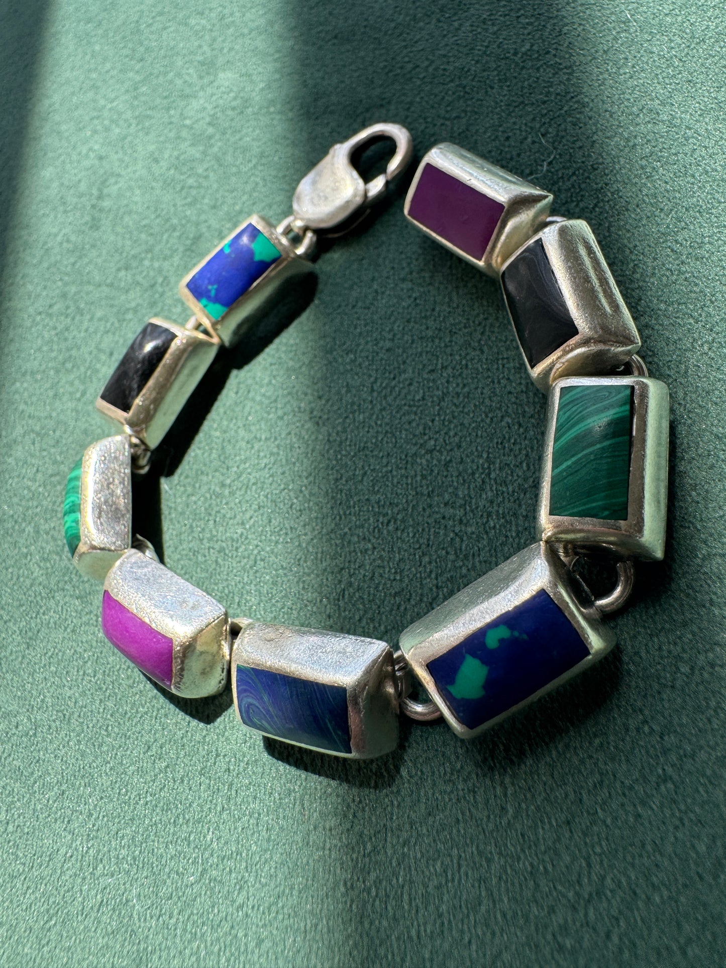Vintage Sterling Silver Mexico Multi Stone Link Bracelet Malachite Onyx Purple Stone Panels