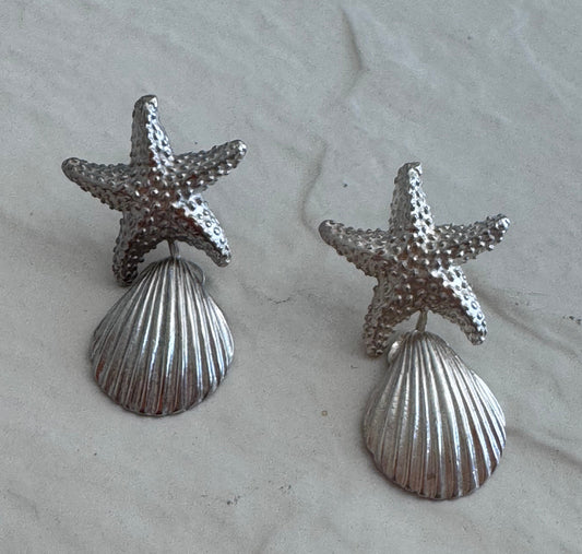 Vintage sterling silver starfish and shell drop earrings with textured detailing and wire connections